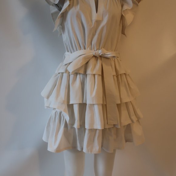 Womens Ulla Johnson Honoria White Ruffle Tiered Mini Split Neck Belted Dress 10* - Picture 7 of 16